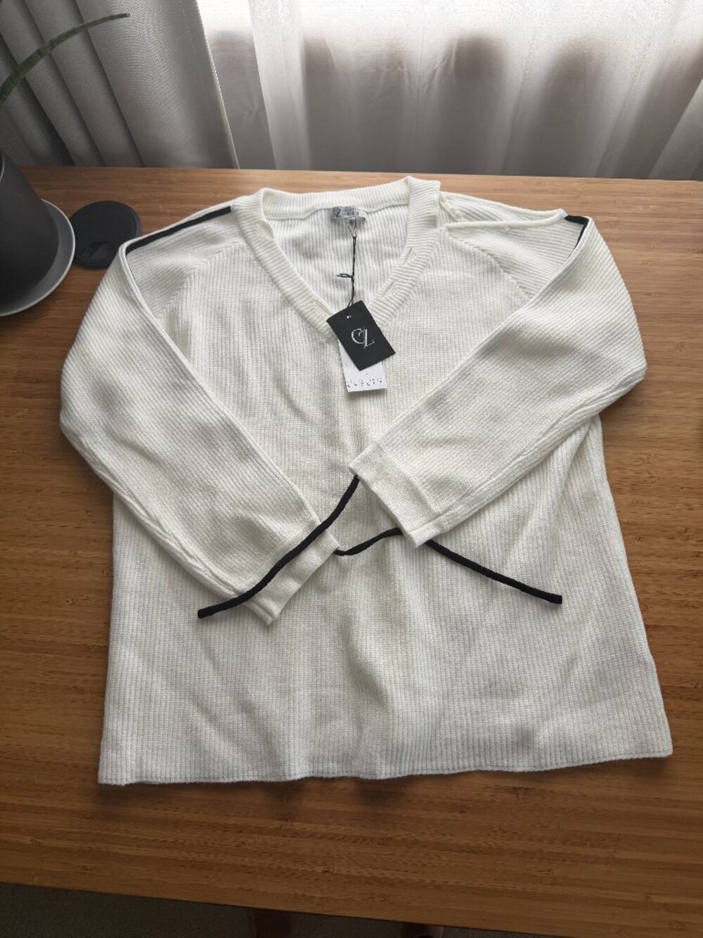 CZ Collection by Cezele White Sweater NWT Small White w/Black Stripe and off the